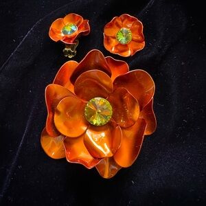 Orange Floral Brooch and Earring Set